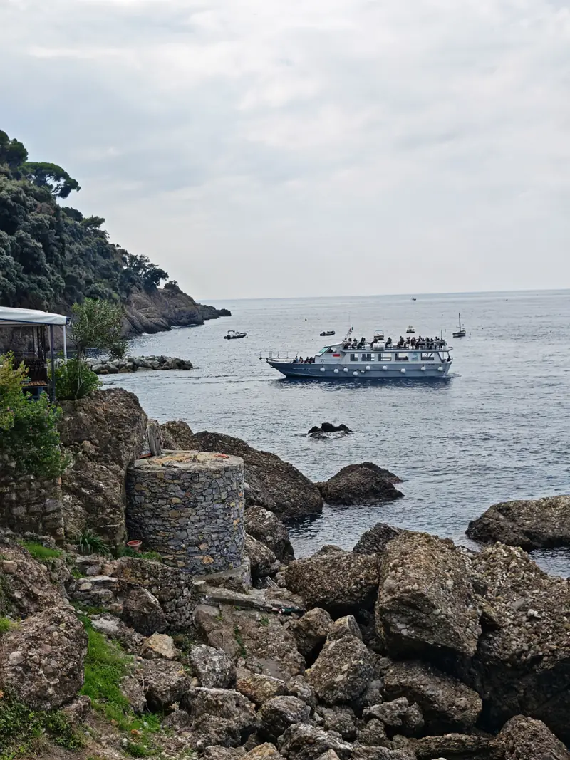 The ferry arriving along the rocky coast